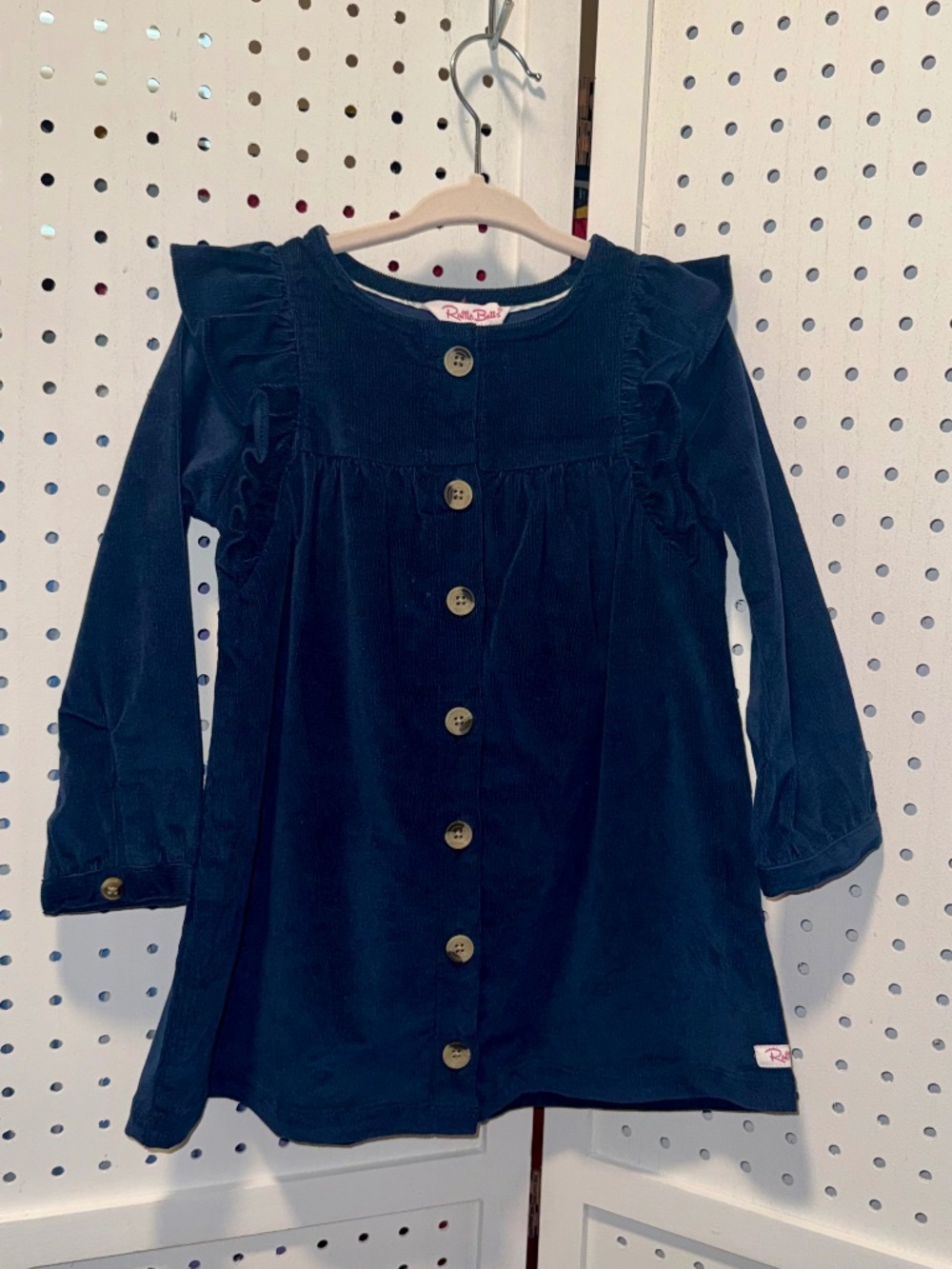 RuffleButts Dark Navy Blue Corduroy Ruffle Shoulder Button-Front Dress - Size 2T